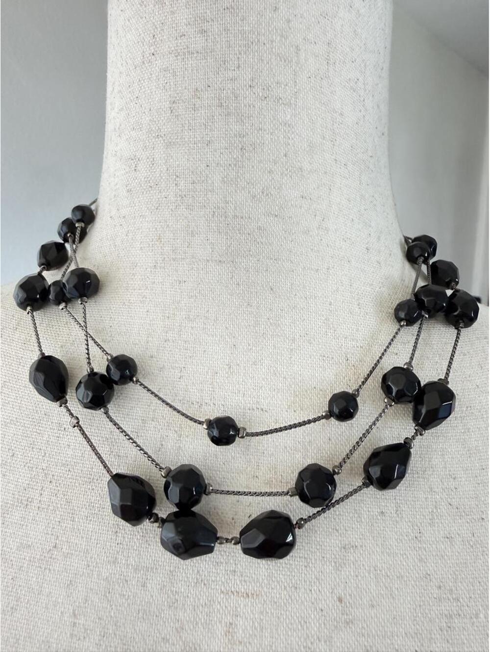 Black Multistrand Faceted Bead Statement Necklace